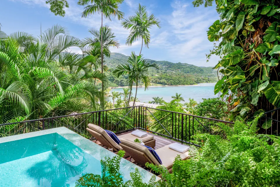 Private pool terrace with bay view at Estate Villa 5 Bedroom, Round Hill Hotel And Villas.