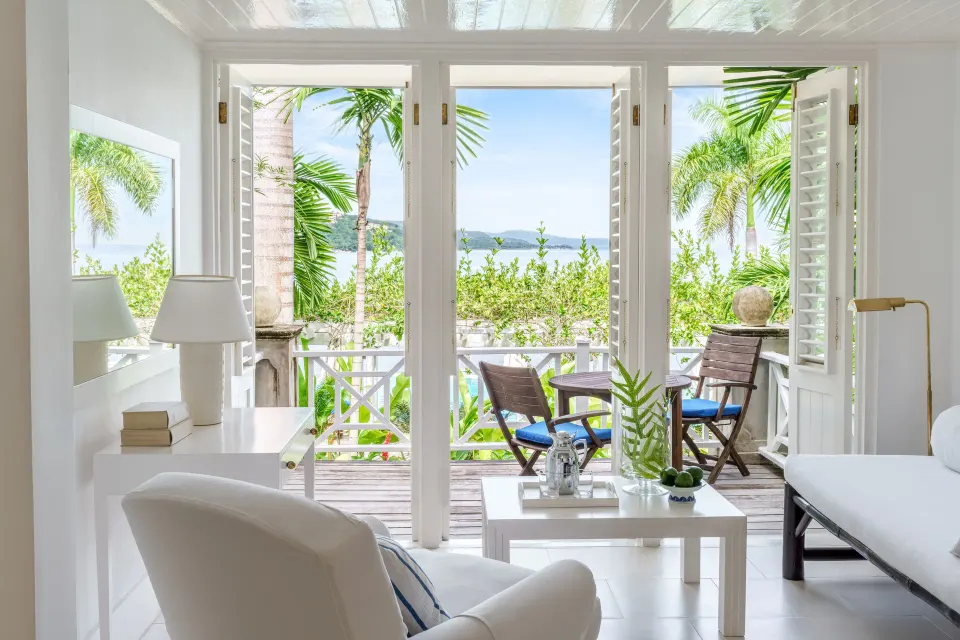 Standard Oceanfront Room balcony view from the sitting area at Round Hill Hotel And Villas.