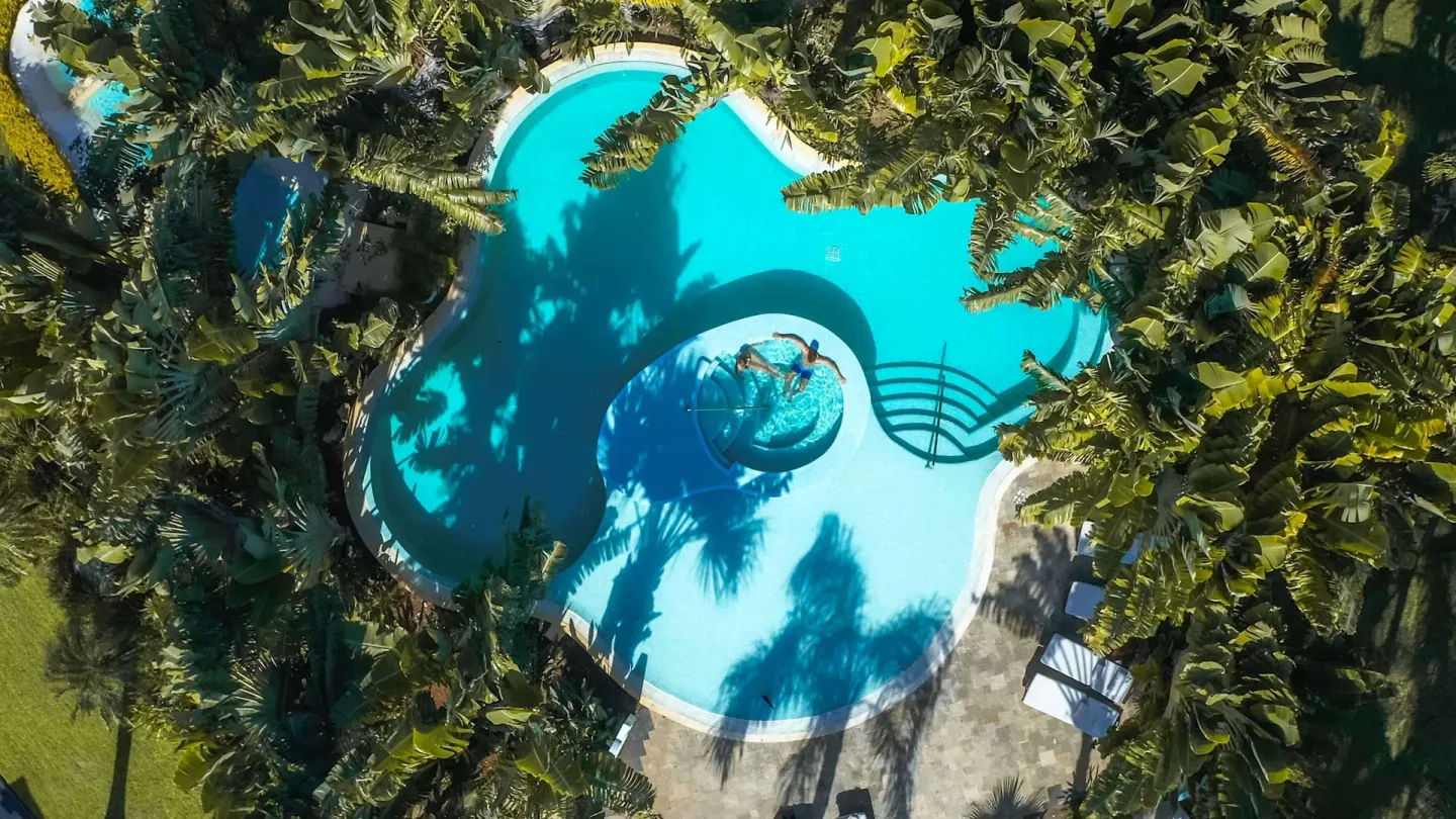 Aerial view of a curved pool surrounded by tropical gardens at Royal Hideaway Playacar.