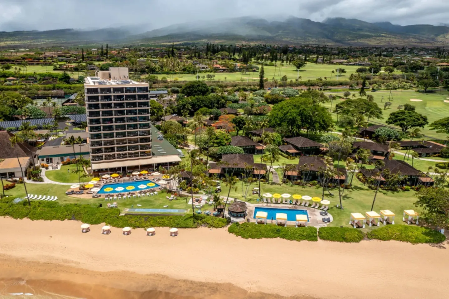 Aerial beachfront view of pools and buildings at Royal Lahaina Resort & Bungalows.