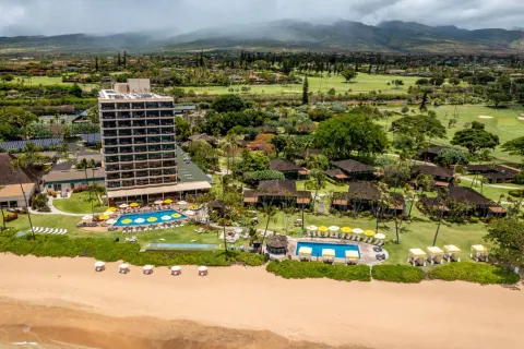 Aerial beachfront view of pools and buildings at Royal Lahaina Resort & Bungalows.
