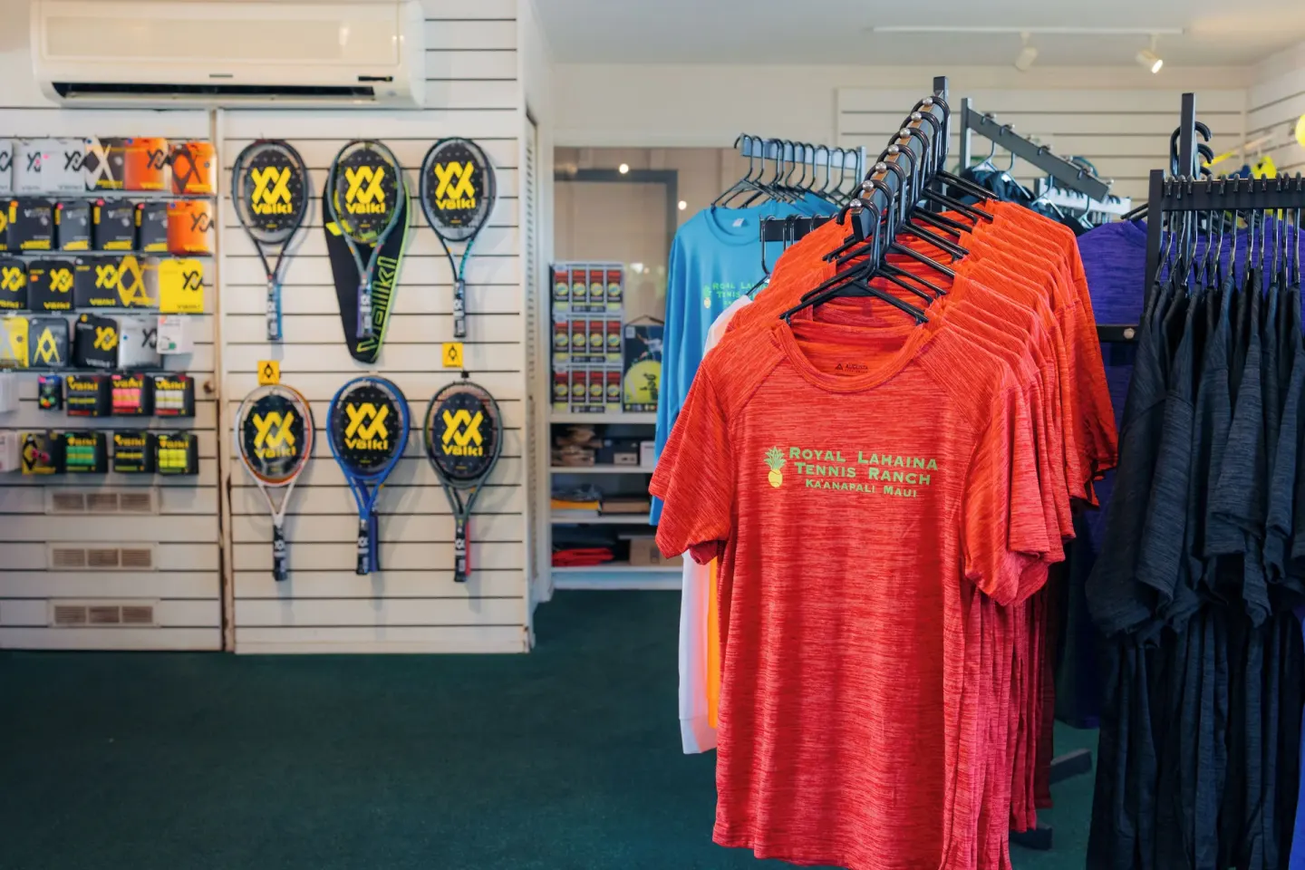 Tennis shop with racquets, balls, and apparel at Royal Lahaina Resort & Bungalows.