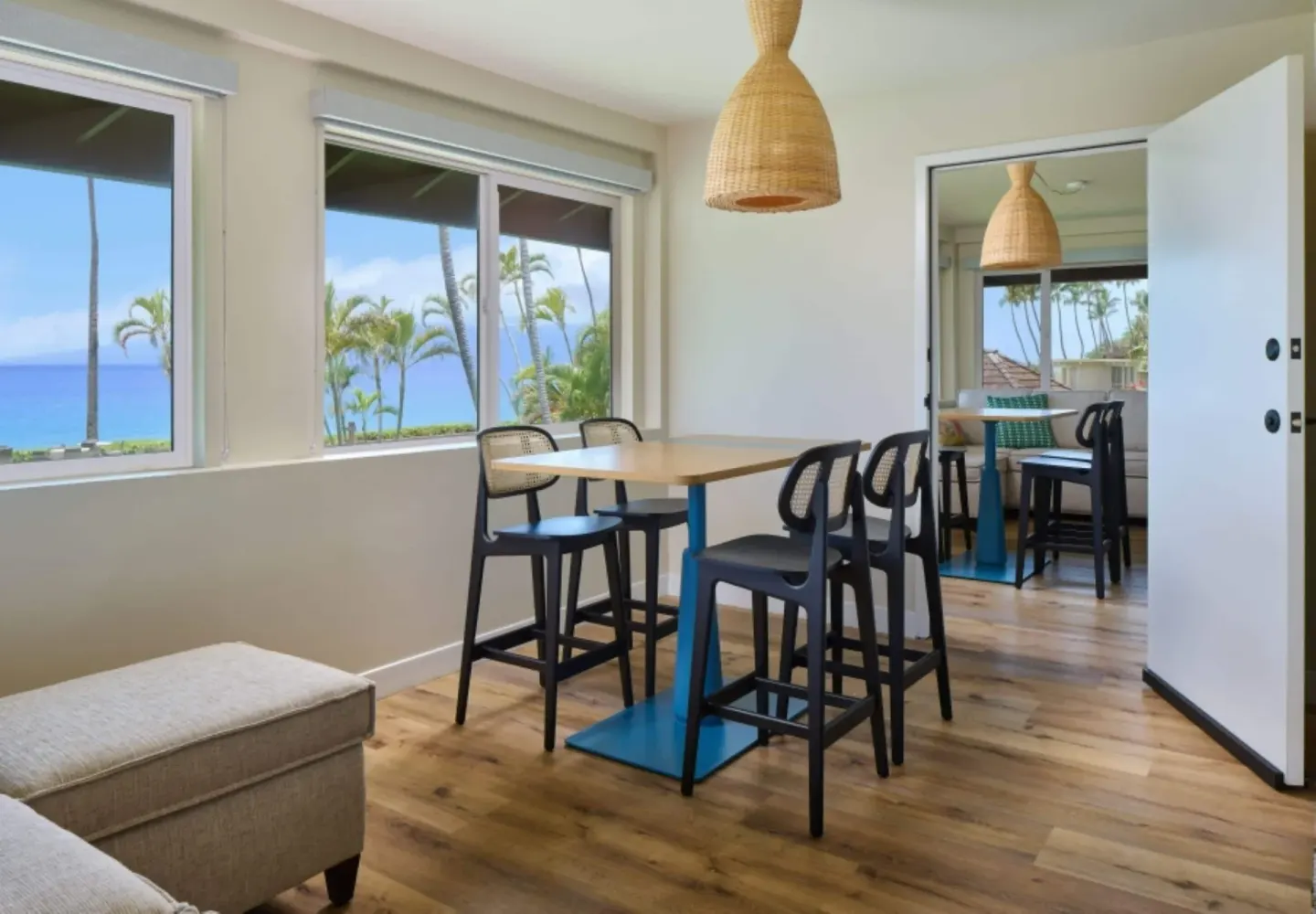 Oceanfront bungalow junior suite dining nook with ocean views at Royal Lahaina Resort & Bungalows.