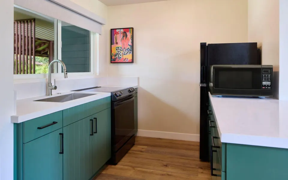 Full kitchen in a Bungalow Studio Suite with Kitchen at Royal Lahaina Resort & Bungalows.