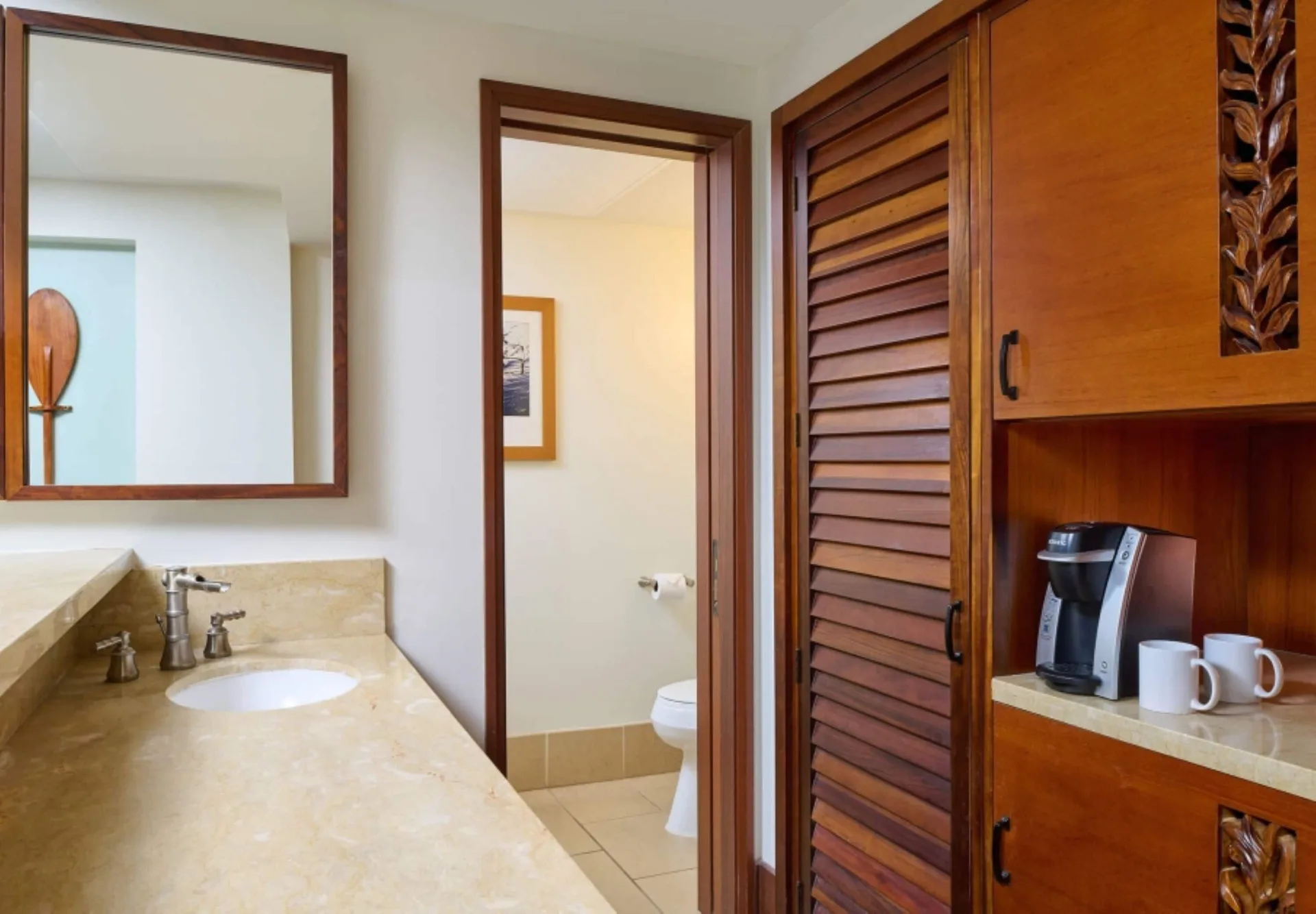 Partial Ocean View Room vanity and coffee nook at Royal Lahaina Resort & Bungalows.
