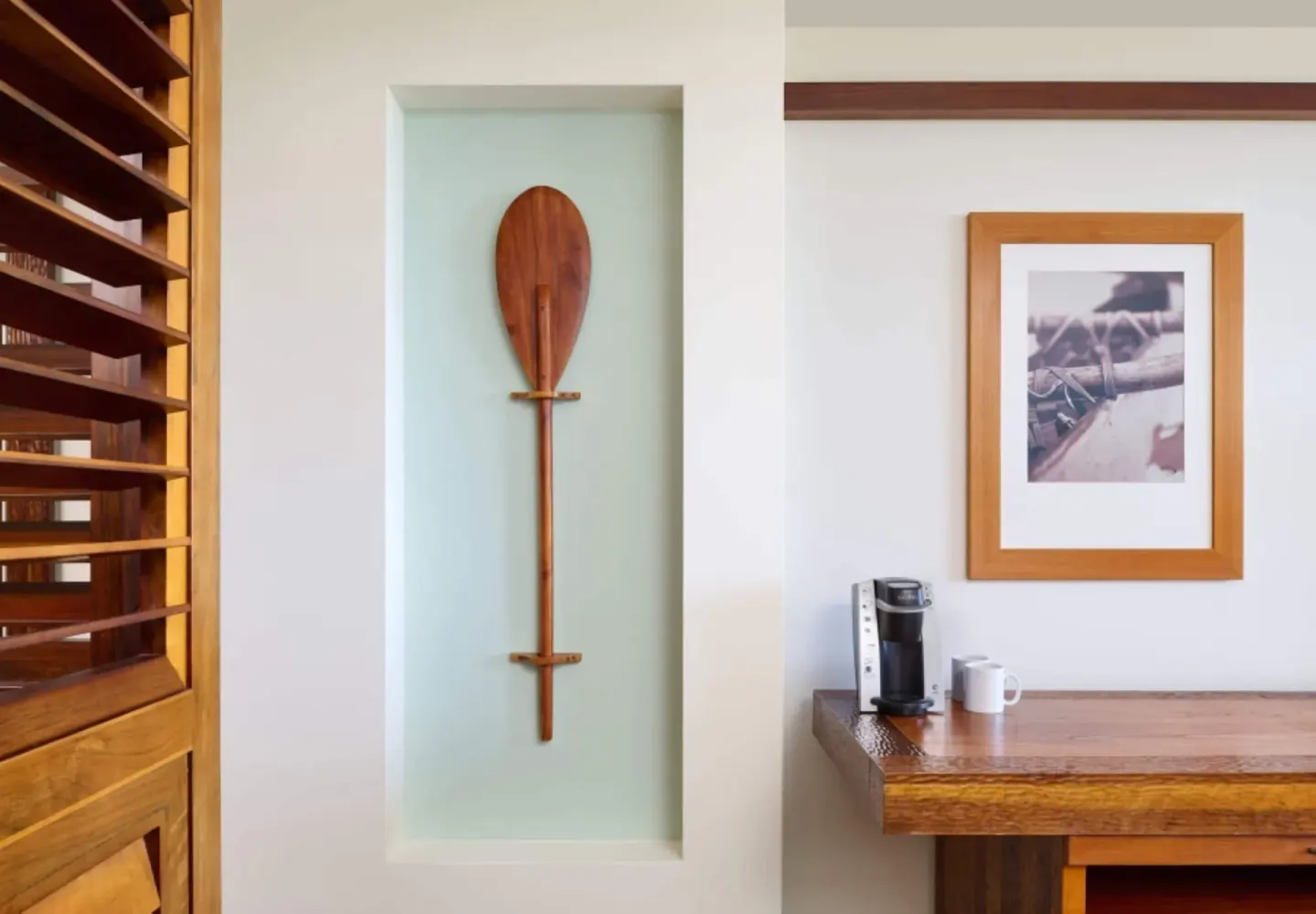 Partial Ocean View room wall decor and coffee setup at Royal Lahaina Resort & Bungalows.