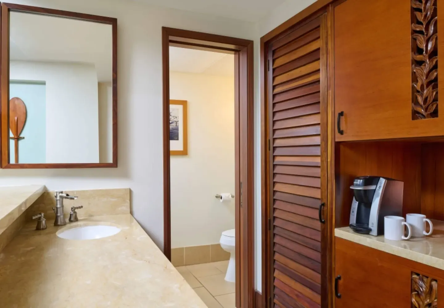 Partial Ocean View room vanity and coffee nook at Royal Lahaina Resort & Bungalows.