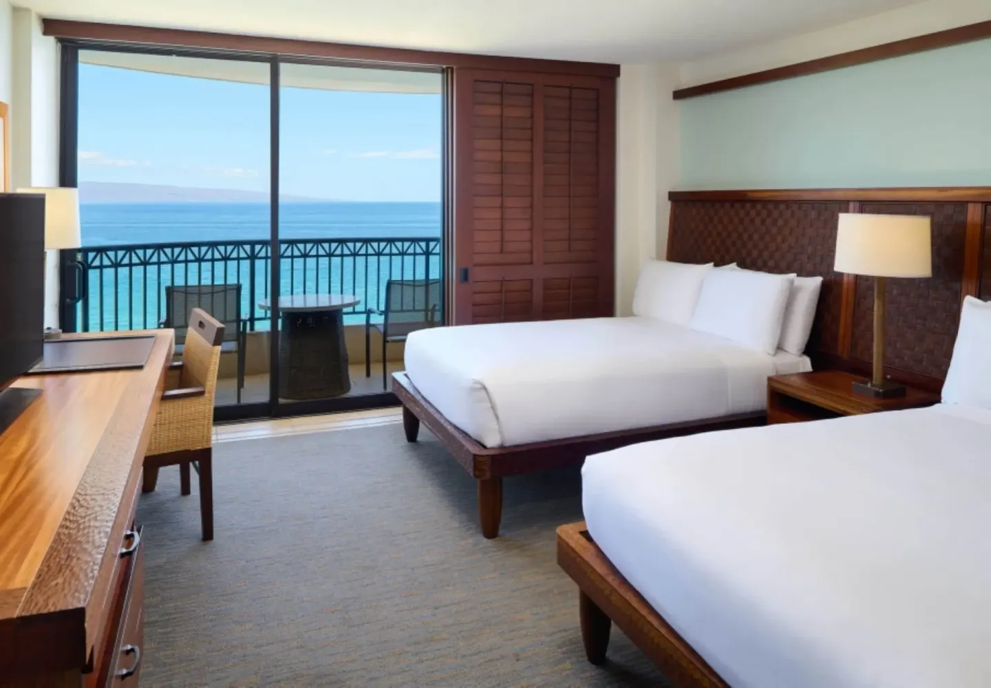 Premier Oceanfront One Bedroom Suite two beds and balcony at Royal Lahaina Resort & Bungalows.
