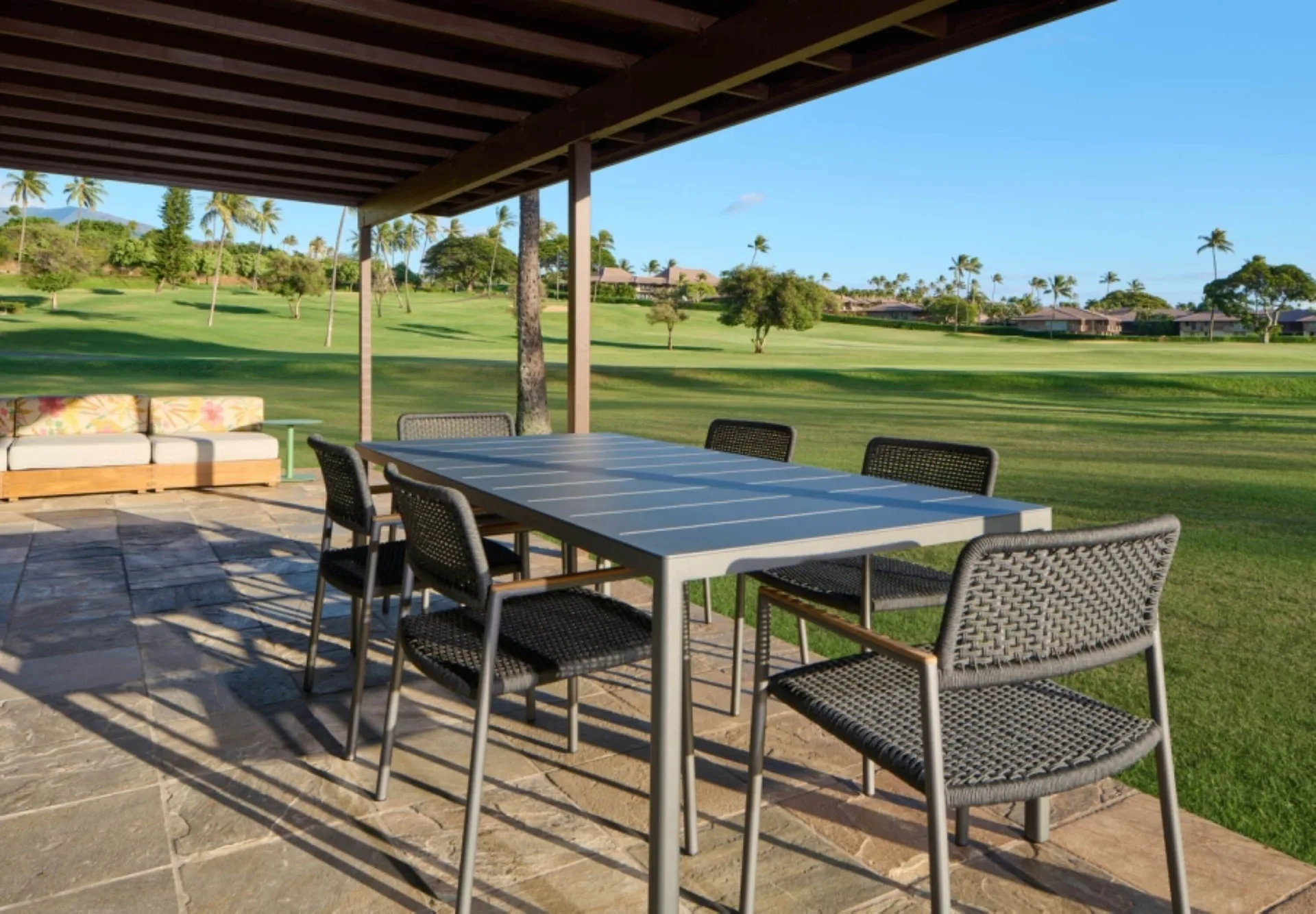 Royal Lahaina Resort & Bungalows lanai dining area at Royal Lahaina Resort & Bungalows.