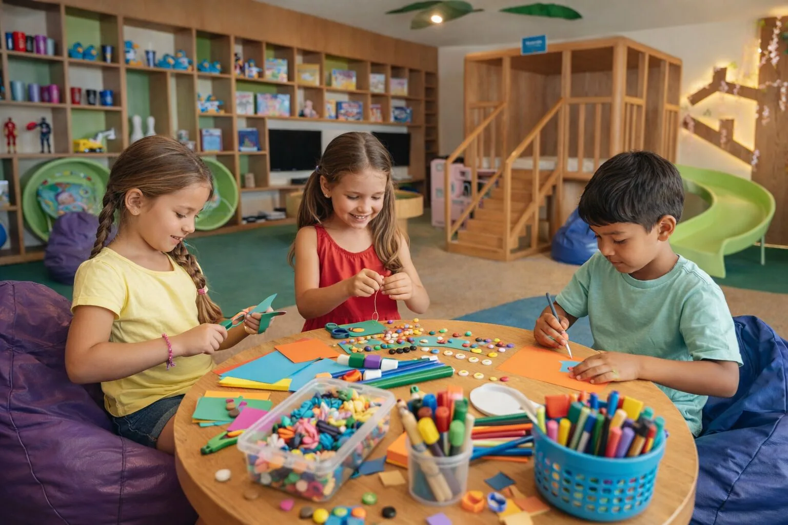 Children make crafts at a round table in the playroom at Royal Solaris Cancun.