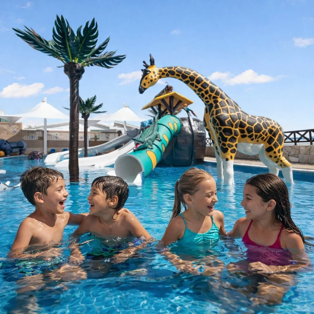 Children in a splash pool with animal slides at Royal Solaris Cancun.