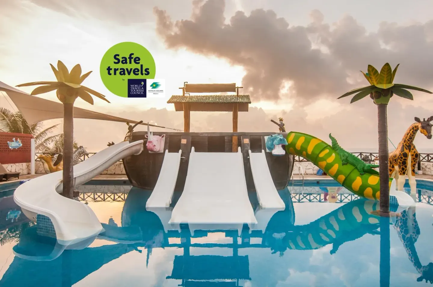 Children's splash pool with animal slides at Royal Solaris Cancun.