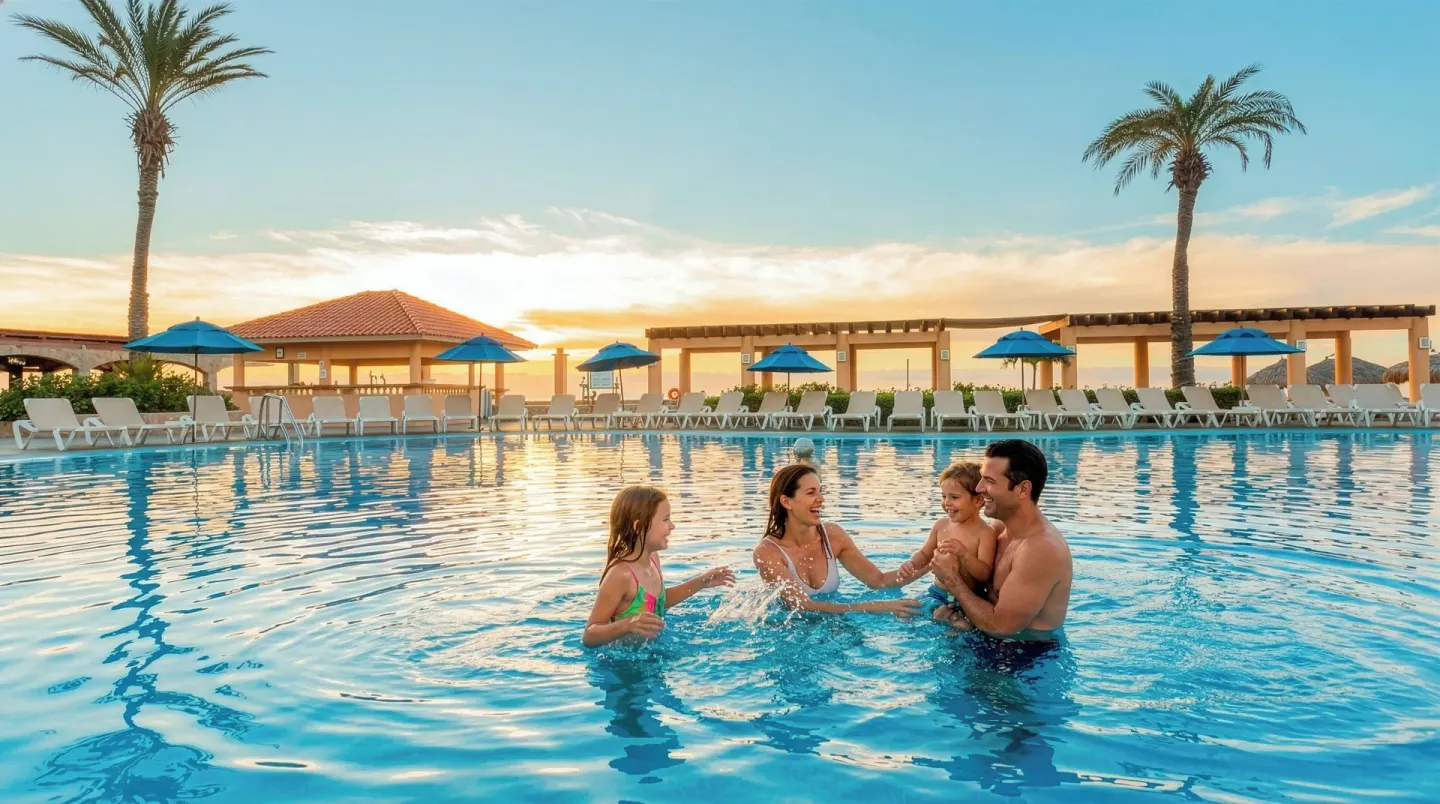 Family swimming in a large resort pool at sunset at Royal Solaris Los Cabos & Spa.