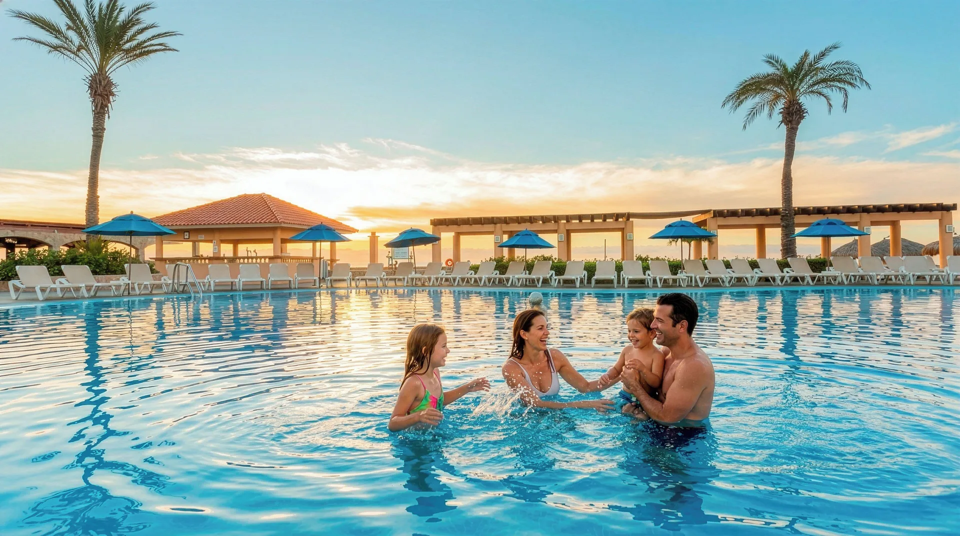 Family swimming in a large resort pool at sunset at Royal Solaris Los Cabos & Spa.