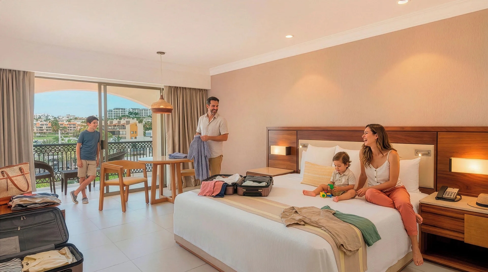 King bed guest room with family unpacking near the balcony at Royal Solaris Los Cabos & Spa.