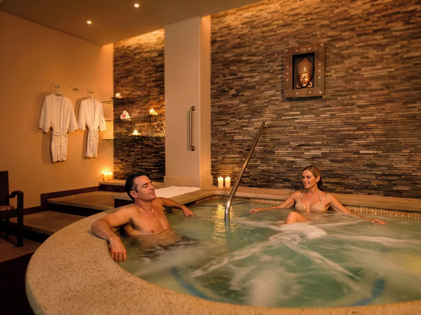 Guests relax in an indoor spa whirlpool at Royal Solaris Los Cabos & Spa.