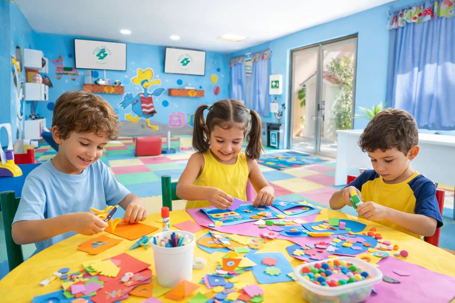 Children make crafts in a colorful playroom at Royal Solaris Los Cabos & Spa.