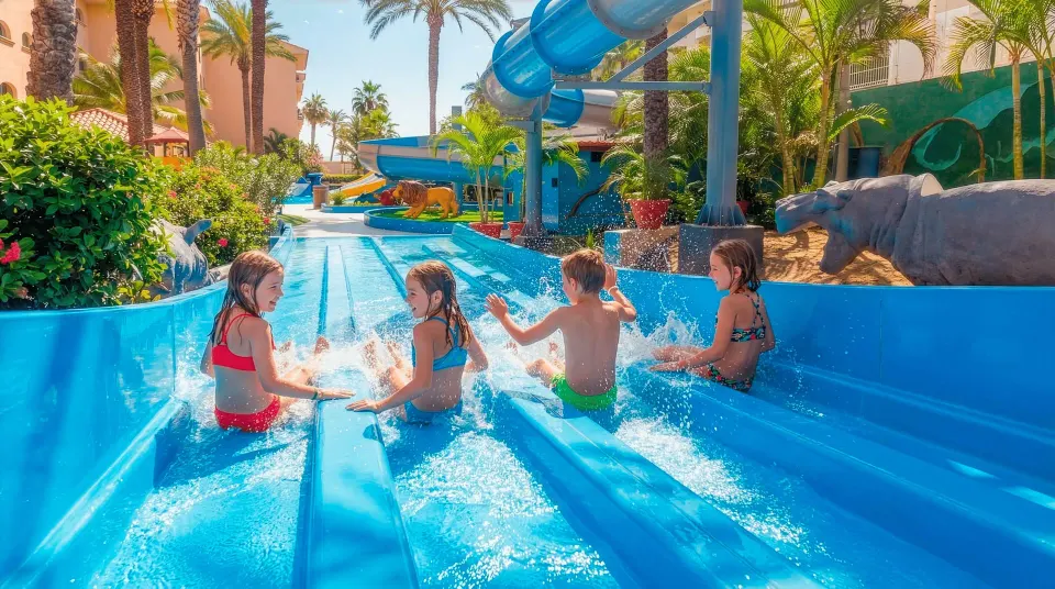 Children splash down a blue waterslide at Royal Solaris Los Cabos & Spa.
