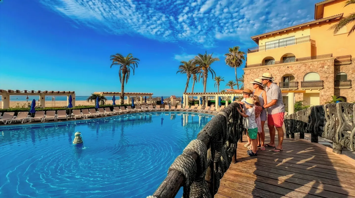 Family on a wooden bridge overlooking the pool at Royal Solaris Los Cabos & Spa.