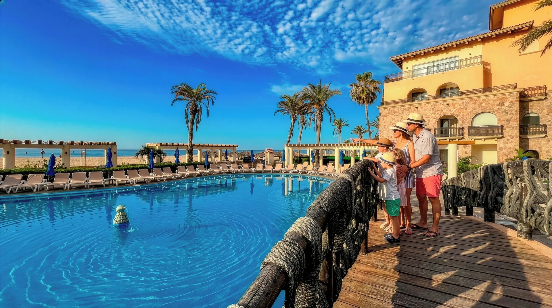 Family on a wooden bridge overlooking the pool at Royal Solaris Los Cabos & Spa.