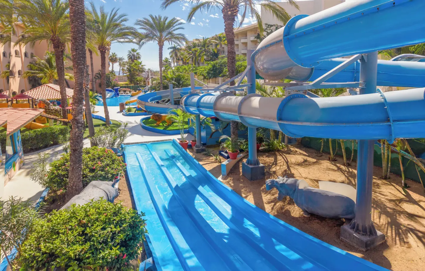 Large blue waterslides winding through palm trees at Royal Solaris Los Cabos & Spa.