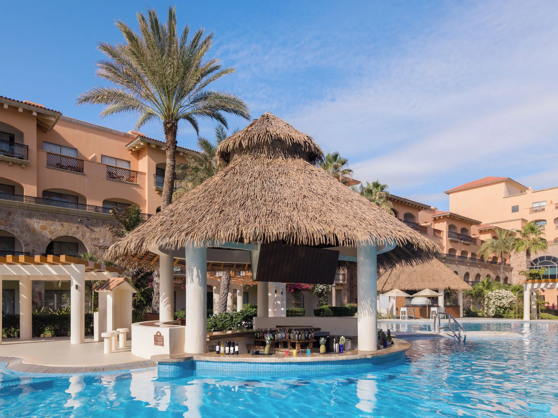 Thatched swim-up bar beside the pool at Royal Solaris Los Cabos & Spa.