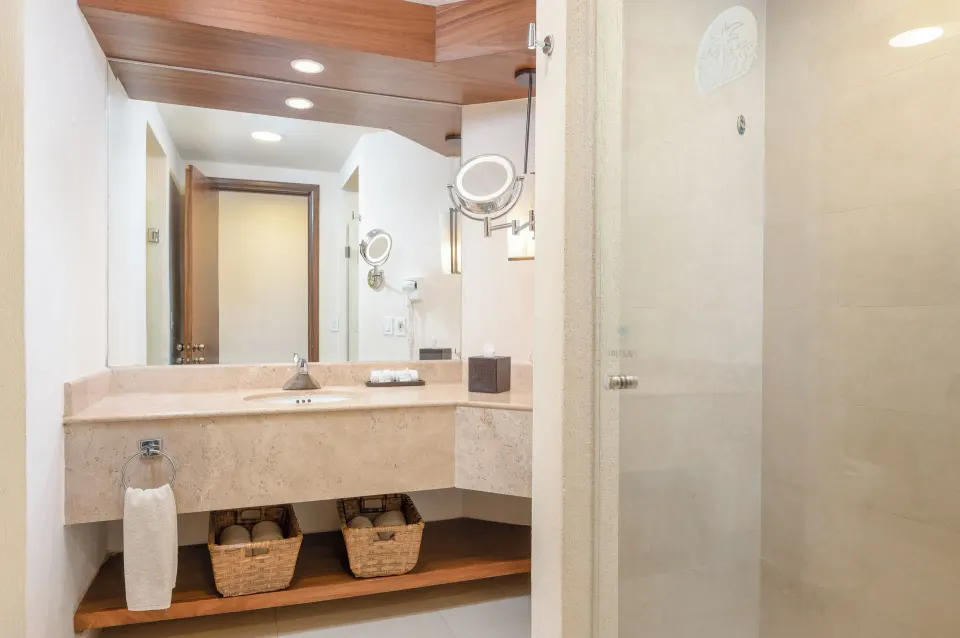 Deluxe Room bathroom vanity and shower at Royal Solaris Los Cabos & Spa.