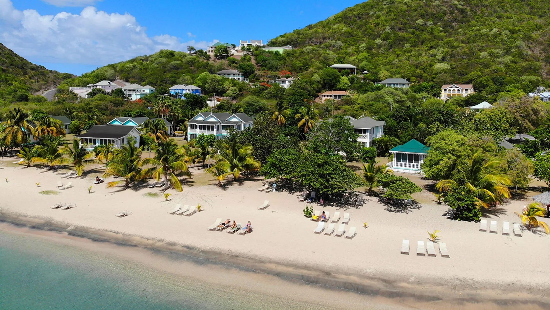Oualie Beach Resort casual Nevis beachfront hotel with cottages and calm Caribbean water