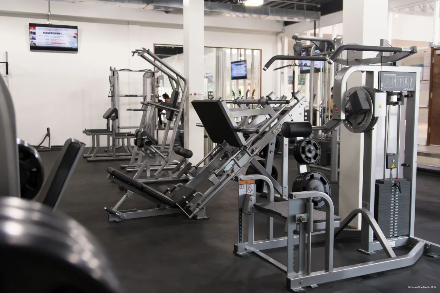 Strength-training machines in the fitness center at Royal St. Kitts Hotel.