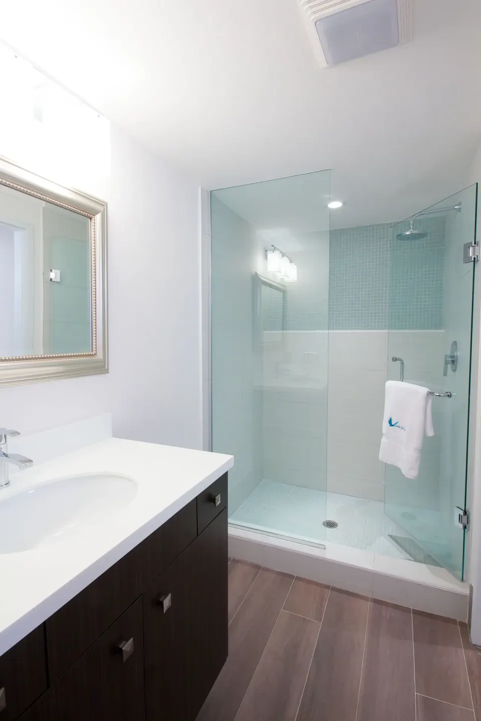 Premium Apartment 1 Bedroom bathroom with glass shower and vanity at Royal St. Kitts Hotel.