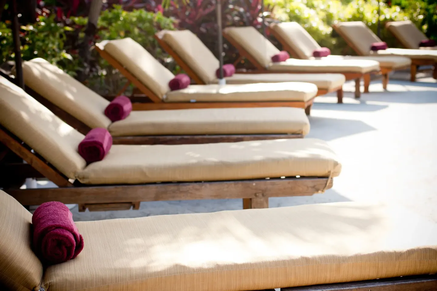 Row of cushioned pool loungers with rolled towels at Royal West Indies Resort.