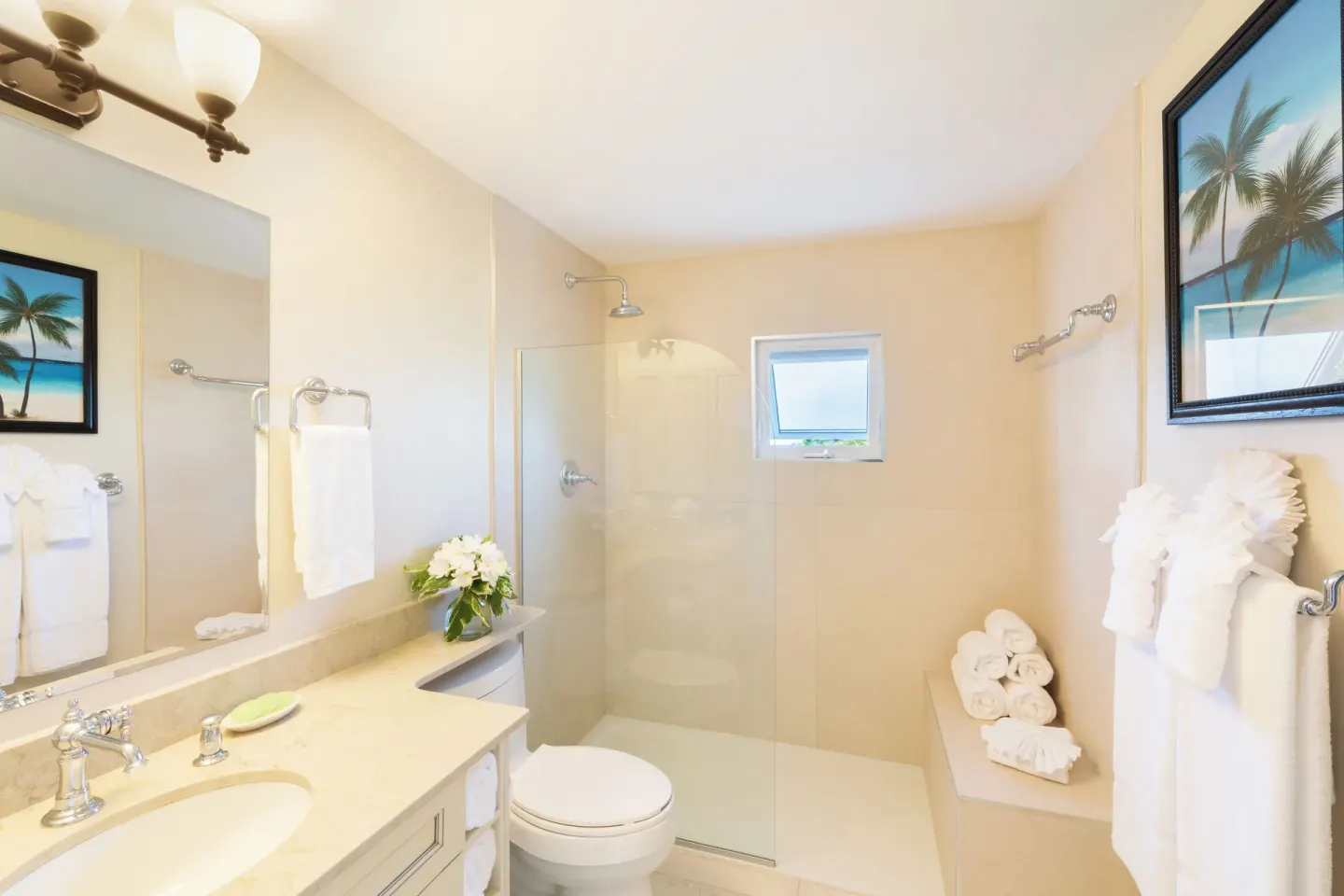 Studio Botanical View bathroom with glass shower at Royal West Indies Resort.