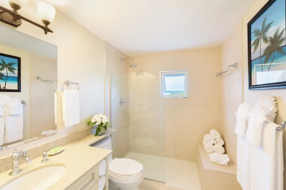 Studio Botanical View bathroom with glass shower at Royal West Indies Resort.
