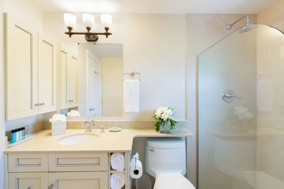 Studio Botanical View bathroom vanity and shower at Royal West Indies Resort.