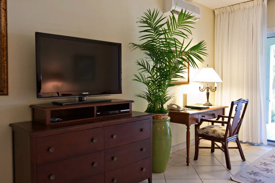 Studio Botanical View TV dresser, writing desk, chair and potted palm at Royal West Indies Resort.