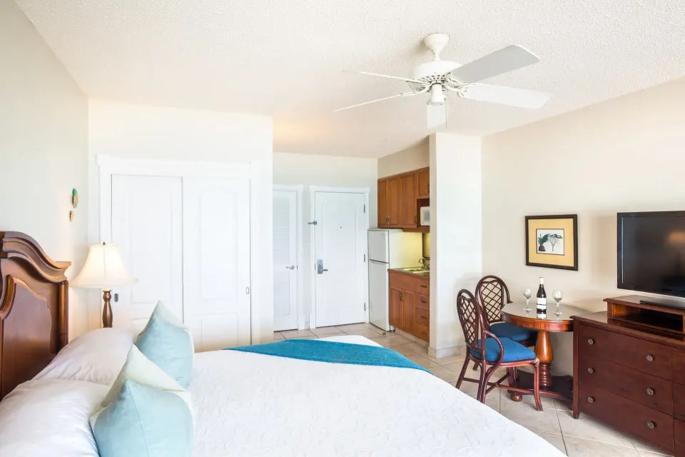 Studio Botanical View room with bed, kitchenette, dining table and TV at Royal West Indies Resort.