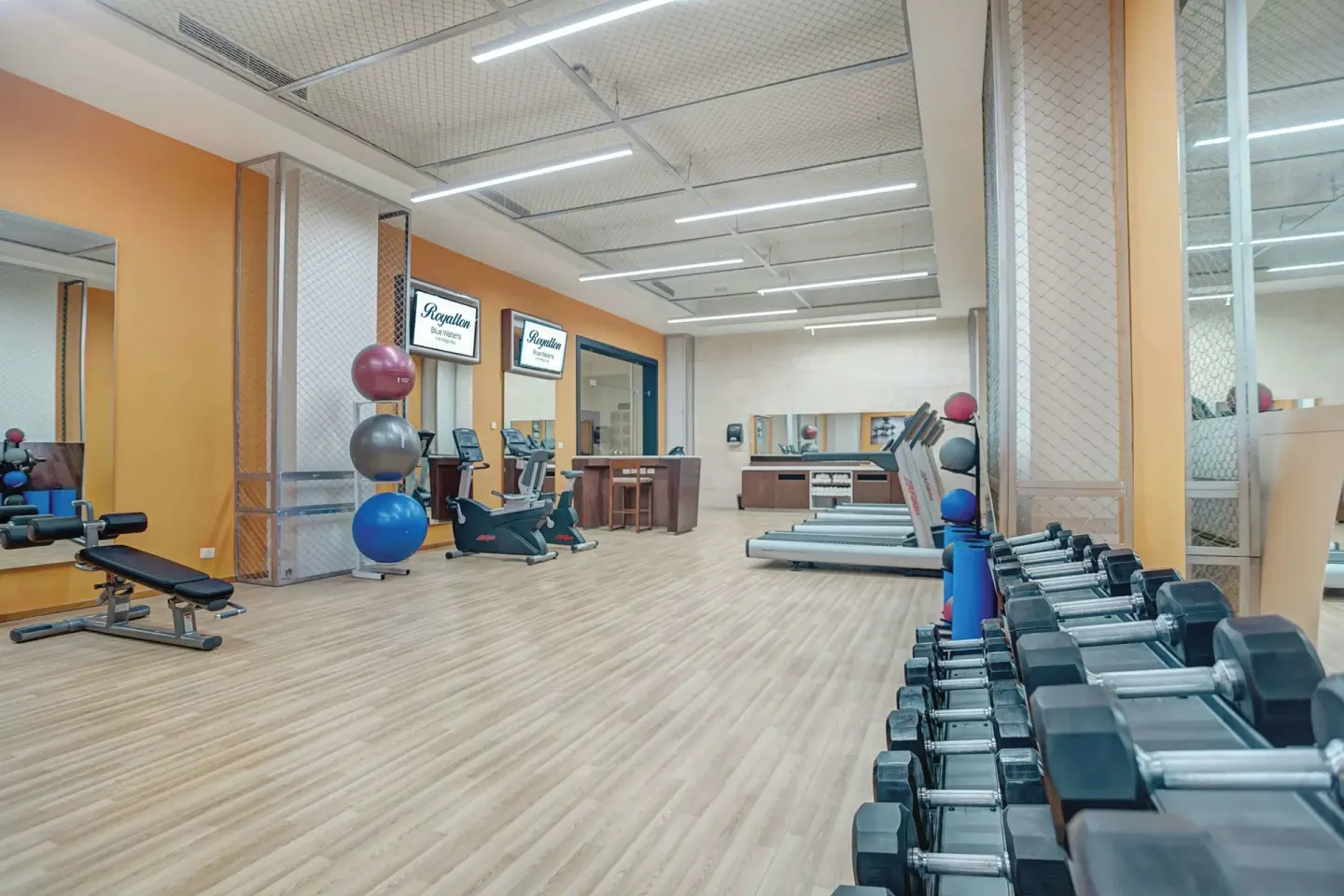 Fitness center dumbbell rack with benches and cardio machines at Royalton Blue Waters Montego Bay.