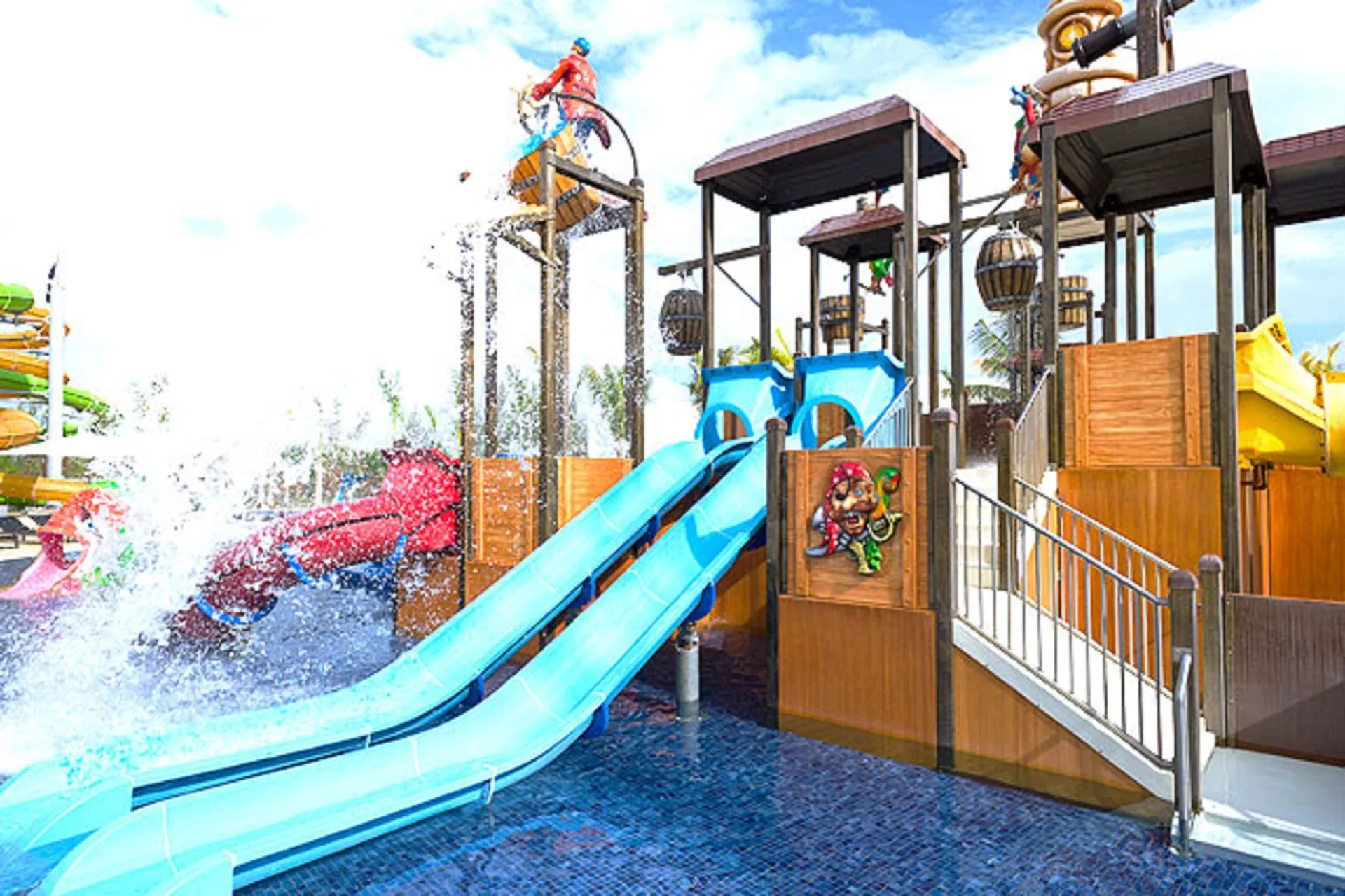Colorful water park slides and splash features at Royalton Blue Waters Montego Bay.