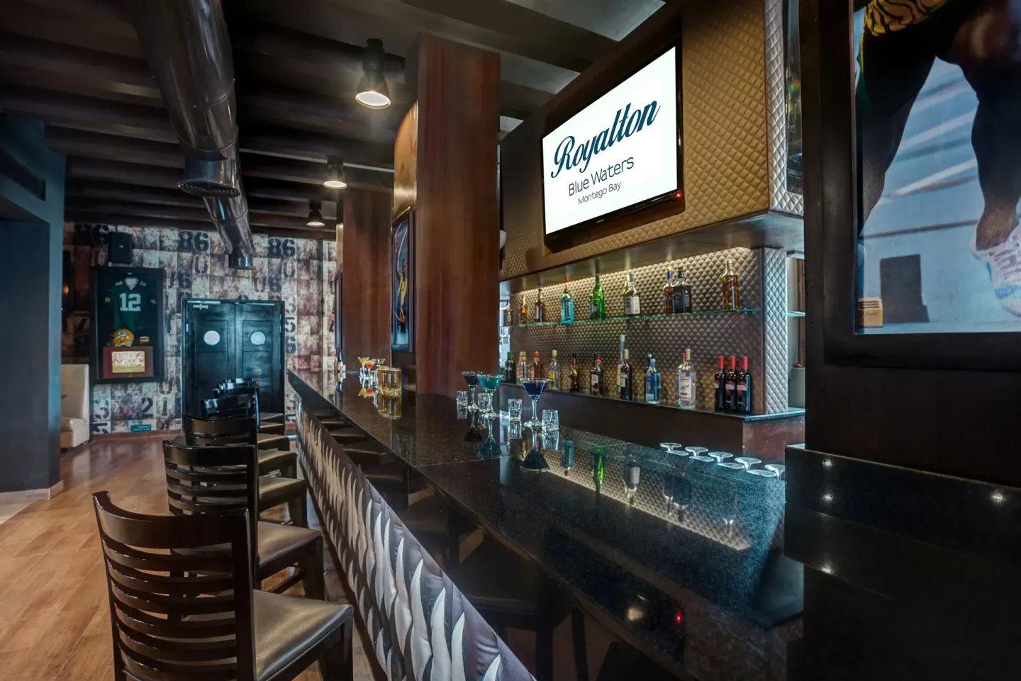 SCORE Sports Bar counter and seating at Royalton Blue Waters Montego Bay.