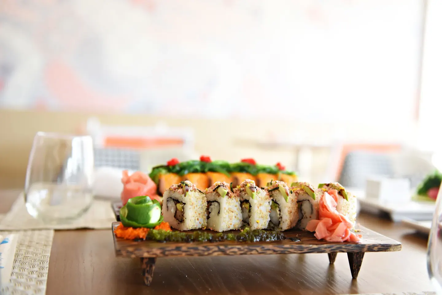Sushi rolls plated on a tray at Royalton CHIC Punta Cana Resort & Casino.