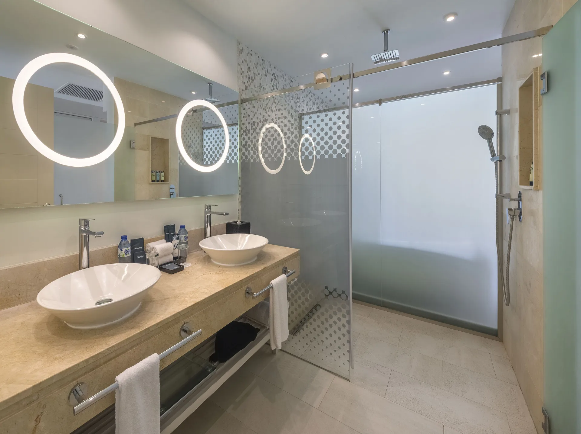 Luxury Junior Suite double vanity and glass shower at Royalton CHIC Punta Cana Resort & Casino.