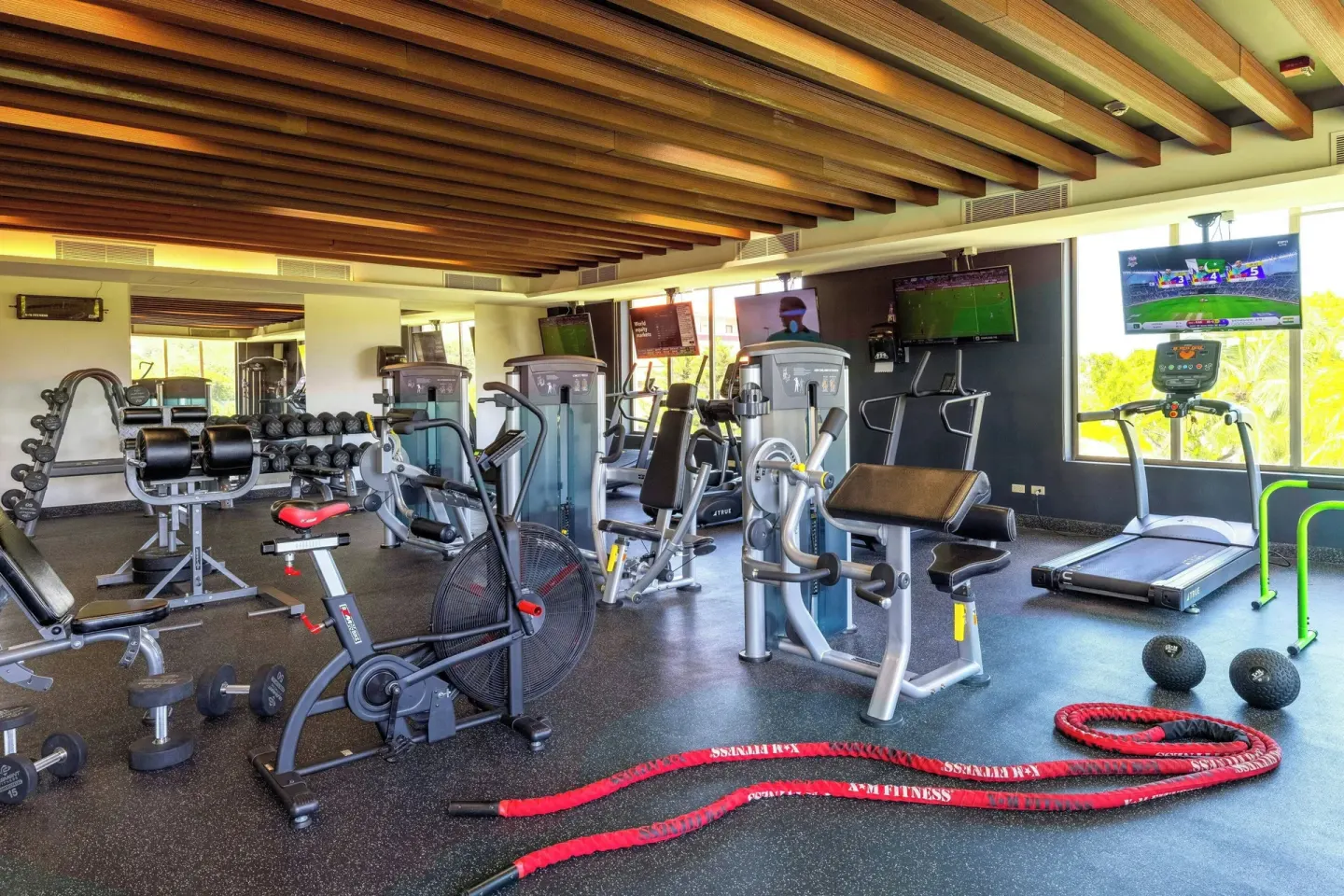 Exercise machines, battle ropes, and medicine balls in the fitness center at Royalton Grenada.