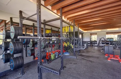 Fitness center with weight racks and free weights at Royalton Grenada.