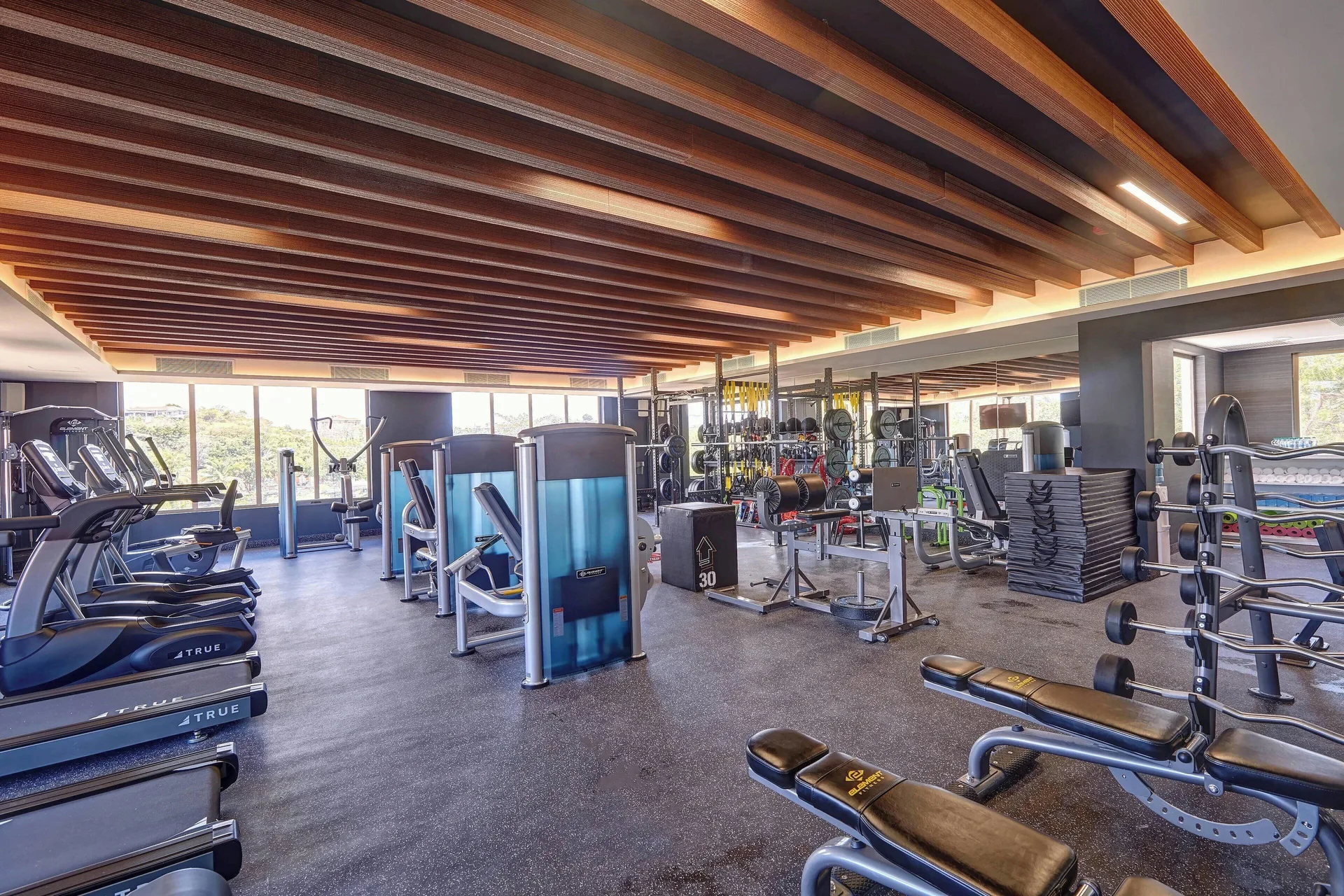 Wide view of cardio machines, benches, and weight equipment at Royalton Grenada.
