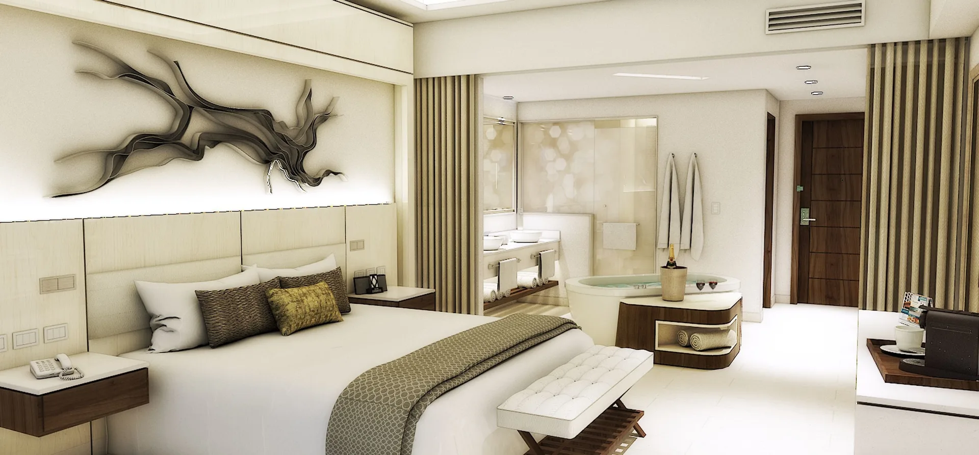 Luxury Junior Suite Swim Out with king bed and open bath at Royalton Hideaway Negril.