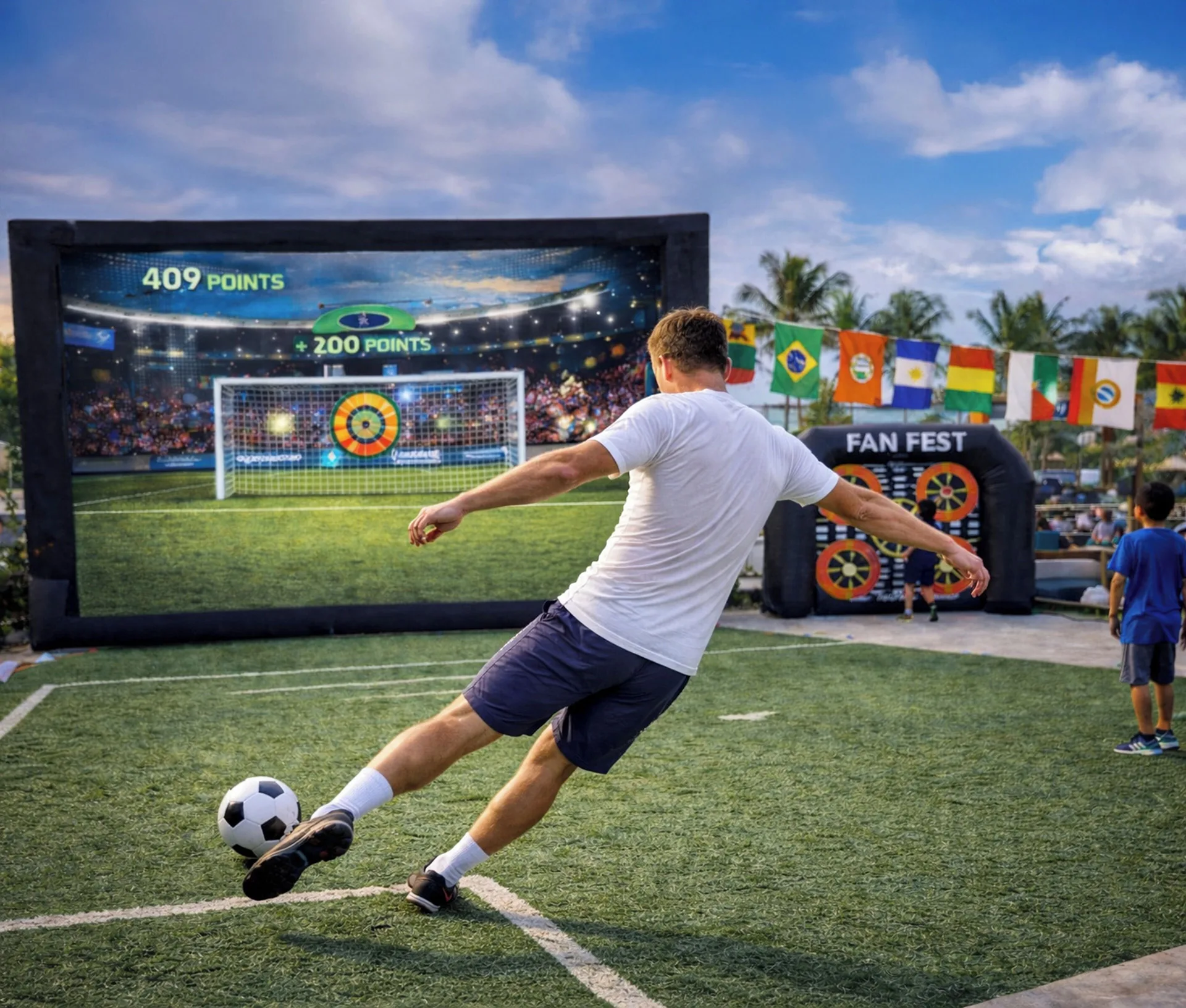 Guest kicking a soccer ball at a fan event at Royalton Hideaway Punta Cana Resort & Casino.