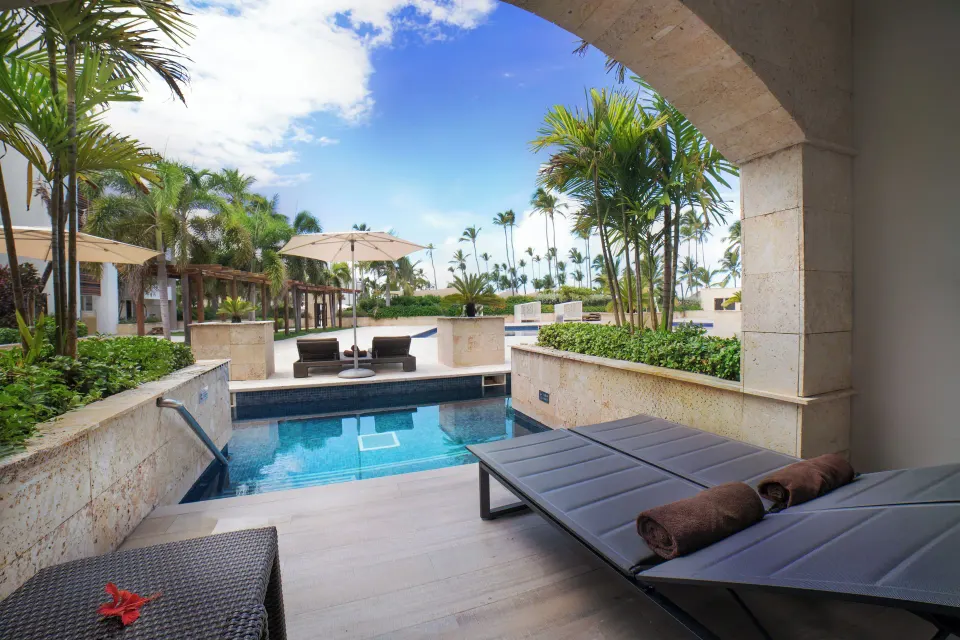 Luxury Swim Out Room patio and pool at Royalton Hideaway Punta Cana Resort & Casino.
