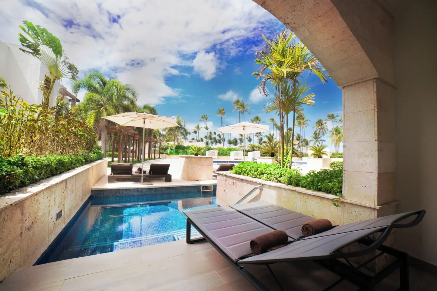 Private plunge-style swim-out pool and loungers at Royalton Hideaway Punta Cana Resort & Casino.