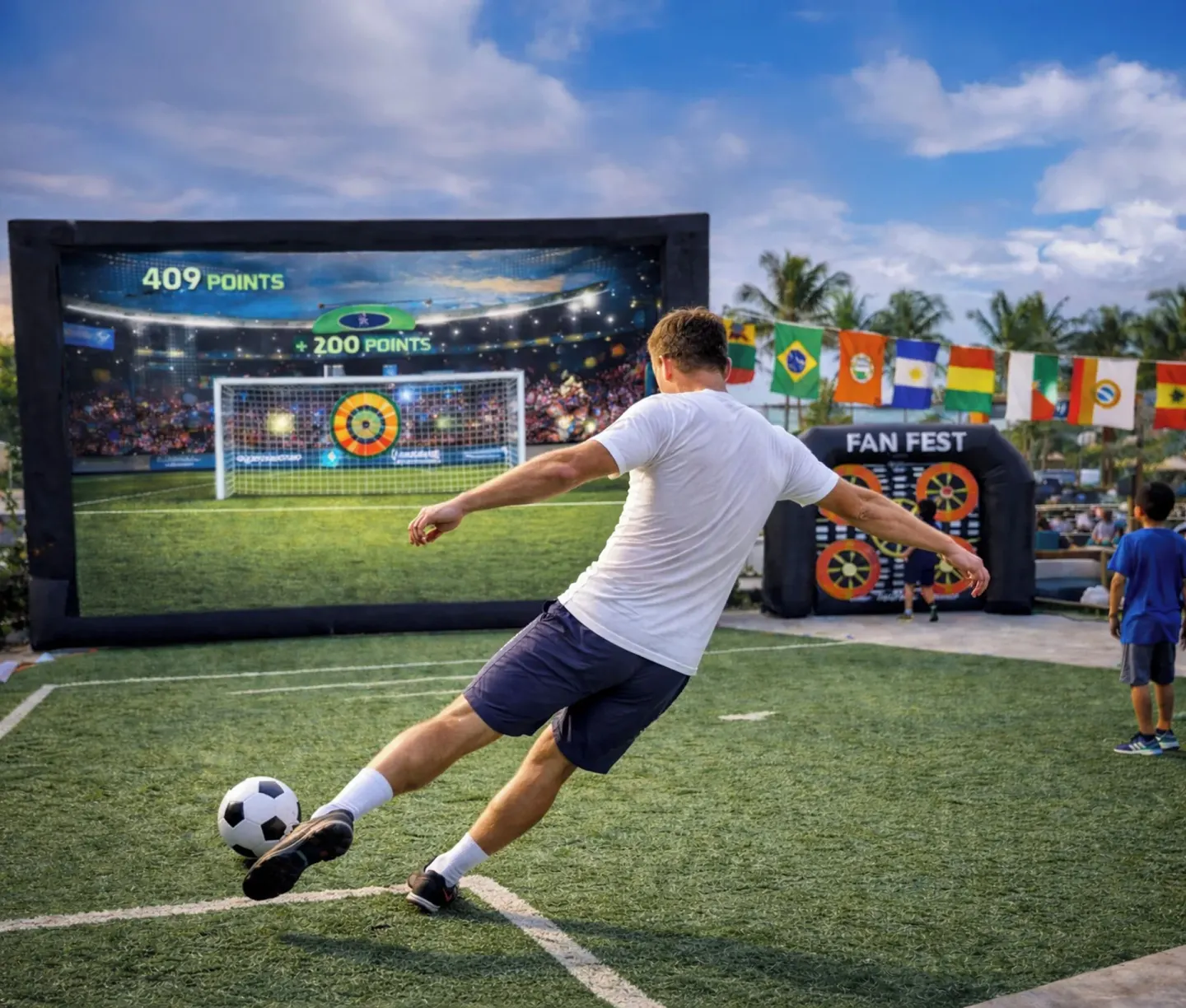 Guest kicking a soccer ball at a fan fest game at Royalton Hideaway Saint Lucia.
