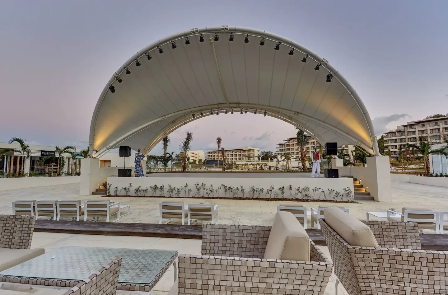 Outdoor stage and lounge seating at Royalton Hideaway Saint Lucia.
